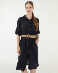 LNIANA SUKIENKA Z PASKIEM. Sukienki Unisono, m, bez wzorów, klasyczne, bez kołnierzyka, bez ramiączek, koszulowe. Za 289.00 zł.