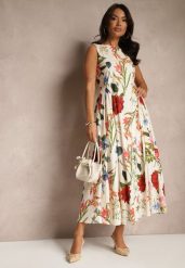 Beżowa Rozkloszowana Sukienka z Bawełny w Kwiatowy Wzór Ilanis. Brązowe sukienki Renee, na co dzień, m, bez wzorów, z bawełny, eleganckie, bez kołnierzyka, bez ramiączek, maxi, rozkloszowane. W wyprzedaży za 135.99 zł.