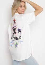 Biały T-shirt z Bawełną Ozdobiony Gwiazdami Karretia. Białe t-shirty Born2be, m, bez wzorów, z bawełny, eleganckie, bez kołnierzyka, bez ramiączek. Za 69.99 zł.