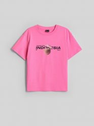 4F T-shirt loose z nadrukiem damski - różowy M. Czerwone t-shirty 4f, m, bez wzorów, z bawełny, bez kołnierzyka, bez ramiączek. Za 69.99 zł.