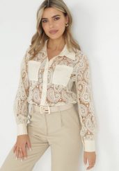Jasnobeżowa Ażurowa Koszula z Kieszeniami Clarimonda. Brązowe koszule Born2be, m, w ażurowe wzory, z koronki, bez kołnierzyka, bez ramiączek. Za 169.99 zł.