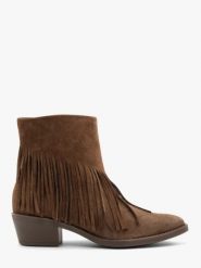 Brązowe botki z frędzlami ze skóry welurowej. Brązowe botki Ryłko, bez wzorów, ze skóry, boho, bez obcasa, bez zapięcia. Za 479.99 zł.