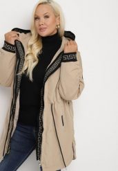 Ciemnobeżowa Kurtka Parka z Kapturem Ściągana w Talii Troczkami Velamira. Brązowe kurtki Born2be, xl, bez wzorów, z materiału, z kapturem. W wyprzedaży za 84.99 zł.
