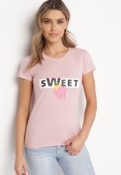 Różowa Bawełniana Bluzka z Nadrukiem i Napisem Vemassa. Czerwone bluzki Born2be, m, bez wzorów, z bawełny, bez kołnierzyka, bez ramiączek. Za 49.99 zł.