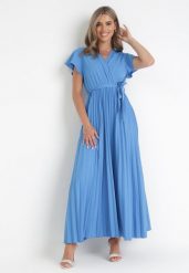 Niebieska Elegancka Sukienka Maxi w Plisy z Kopertowym Dekoltem i Wiązaniem Thessi. Niebieskie sukienki Born2be, m, bez wzorów, eleganckie, bez kołnierzyka, bez ramiączek, maxi, kopertowe. W wyprzedaży za 55.24 zł.