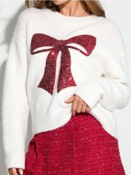 Sweter z cekinową aplikacją w kształcie kokardy i domieszką wełny - kremowy. Białe swetry Sinsay, l, z aplikacjami, z wełny, bez ramiączek. Za 69.99 zł.