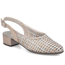 Sandały damskie metaliczne beżowe Rieker 47078-90. Brązowe sandały Rieker, bez wzorów, ze skóry ekologicznej, bez obcasa, bez zapięcia. Za 319.00 zł.