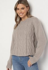 Szary Sweter z Wełną Ściągaczem i Tłoczeniem Riavonnae. Szare swetry Born2be, bez wzorów, z jeansu, eleganckie, bez ramiączek. Za 59.99 zł.