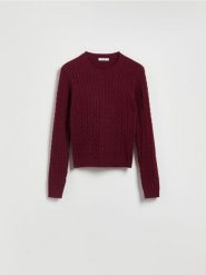 Sweter z ozdobnym splotem - bordowy. Czerwone swetry Reserved, l, bez wzorów, z dzianiny, bez ramiączek. Za 99.99 zł.