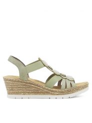 Rieker Sandały 619B2-52 Zielony. Zielone sandały Rieker, bez wzorów, z syntetyku, bez obcasa, na koturnie, bez zapięcia. Za 299.99 zł.