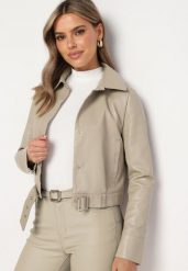 Beżowa Kurtka Ramoneska z Ekoskóry z Paskiem w Talii Mevarela. Brązowe kurtki Born2be, l, bez wzorów, z jeansu, eleganckie, bez kaptura. W wyprzedaży za 160.99 zł.