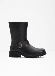 Kozaki. Czarne kozaki bonprix, na zimę, bez wzorów, bez obcasa, bez zapięcia. Za 149.99 zł.