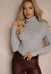 Szary Golf w Prążki Erinela. Szare swetry Renee, m, bez wzorów, z jeansu, eleganckie, bez ramiączek. W wyprzedaży za 35.99 zł.