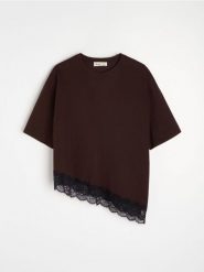 Bawełniana bluzka z koronkowym wykończeniem - brązowy. Brązowe bluzki Sinsay, l, bez wzorów, z bawełny, bez kołnierzyka, bez ramiączek. Za 35.99 zł.