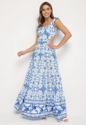Niebieska Sukienka w Ornamentny Wzór z Wycięciem Halionea. Niebieskie sukienki Born2be, na co dzień, m, bez wzorów, bez kołnierzyka, bez ramiączek, maxi. Za 149.99 zł.