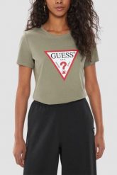 GUESS Zielony t-shirt damski Original Tee, Rozmiar XS. Zielone t-shirty Guess, s, z aplikacjami, bez kołnierzyka, bez ramiączek. W wyprzedaży za 94.99 zł.