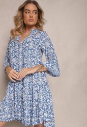 Niebieska Rozkloszowna Sukienka z Bawełny w Ornamentalny Wzór z Falbaną Lanariella. Niebieskie sukienki Renee, l, bez wzorów, z bawełny, bez kołnierzyka, bez ramiączek, mini, rozkloszowane. W wyprzedaży za 43.99 zł.