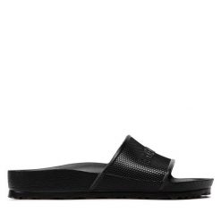 Klapki Birkenstock. Czarne klapki Birkenstock, bez wzorów, bez obcasa, bez zapięcia. Za 219.99 zł.