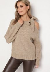 Ciemnobeżowy Sweter Ozdobiony Kokardą i Wycięciem Noredi. Brązowe swetry Born2be, na zimę, bez wzorów, z jeansu, eleganckie, bez ramiączek. W wyprzedaży za 110.49 zł.
