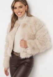 Beżowa Krótka Kurtka z Futerkiem na Haftki Loreinda. Brązowe kurtki Born2be, bez wzorów, z jeansu, eleganckie, bez kaptura. W wyprzedaży za 227.49 zł.