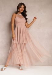 Różowa Maxi Sukienka o Rozkloszowanym Fasonie z Długim Tiulem i Ozdobnymi Cyrkoniami Amorah. Czerwone sukienki Renee, na imprezę, bez wzorów, z tiulu, eleganckie, bez kołnierzyka, bez ramiączek, maxi, rozkloszowane. W wyprzedaży za 107.99 zł.