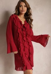Bordowa Sukienka z Rozkloszowanymi Rękawami Wiązaniem Przy Dekolcie i Falbankami Honoris. Czerwone sukienki Renee, na imprezę, xl, bez wzorów, eleganckie, bez kołnierzyka, bez ramiączek, rozkloszowane. W wyprzedaży za 43.99 zł.