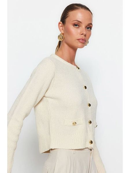 Trendyol Kardigan w kolorze beżowym rozmiar: M. Brązowe swetry Trendyol, m, bez wzorów, ze splotem, bez ramiączek. Za 87.40 zł.