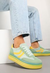 Zielono-Żółte Sneakersy Typu Kultowe Tenisówki na Niskiej Platformie Olritia. Zielone trampki Renee, z aplikacjami, z jeansu, casualowe, bez zapięcia. W wyprzedaży za 75.99 zł.