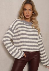 Biało-Szary Casualowy Sweter z Bawełną Ozdobiony Paskami Zinaja. Białe swetry Renee, bez wzorów, z bawełny, casualowe, bez ramiączek. Za 54.99 zł.