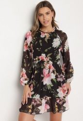 Czarna Sukienka o Rozkloszowanym Kroju w Kwiaty Zeramera. Czarne sukienki Born2be, na co dzień, l, bez wzorów, z wiskozy, bez kołnierzyka, bez ramiączek, mini, rozkloszowane. Za 99.99 zł.