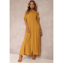Żółta Sukienka Hillcrest. Żółte sukienki Renee, m, bez wzorów, bez kołnierzyka, bez ramiączek, maxi, koszulowe. W wyprzedaży za 99.99 zł.
