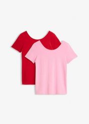 T-shirt z głębokim dekoltem na plecach (2 szt.). Czerwone t-shirty bonprix, bez wzorów, bez kołnierzyka, bez ramiączek. Za 32.99 zł.