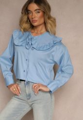 Niebieska Koszula z Bawełny w Stylu Retro z Wiązaniem i Kołnierzykiem z Falbankami Firsela. Niebieskie koszule Renee, z aplikacjami, z bawełny, klasyczne, bez kołnierzyka, bez ramiączek. W wyprzedaży za 83.99 zł.