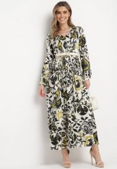 Zielona Satynowa Sukienka Maxi w Ornamentalny Wzór z Gumką w Talii Lainare. Zielone sukienki Born2be, na co dzień, l, bez wzorów, z satyny, bez kołnierzyka, bez ramiączek, maxi, proste. W wyprzedaży za 144.49 zł.