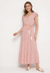 Różowa Sukienka Cadulenn. Czerwone sukienki Born2be, l, z aplikacjami, z tkaniny, boho, bez kołnierzyka, bez ramiączek, maxi. W wyprzedaży za 84.99 zł.
