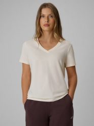 4F T-shirt regular gładki damski - kremowy M. Białe t-shirty 4f, m, bez wzorów, z bawełny, biznesowe, bez kołnierzyka, bez ramiączek. Za 59.99 zł.