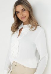 Biała Koszula z Falbanką Damara. Białe koszule Born2be, s, bez wzorów, biznesowe, bez kołnierzyka, bez ramiączek. W wyprzedaży za 79.99 zł.