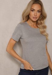 Ciemnoszary T-shirt Koszulka z Krótkim Rękawem i Okrągłym Dekoltem Tiarella. Szare t-shirty Renee, l, z aplikacjami, z jeansu, eleganckie, bez kołnierzyka, bez ramiączek. W wyprzedaży za 19.99 zł.