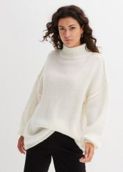Sweter z grubej dzianiny. Białe swetry bonprix, bez wzorów, z dzianiny, bez ramiączek. Za 124.99 zł.