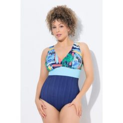 Damski Strój kąpielowy okrągły dekolt miękkie miseczki z recyklingu. Niebieskie stroje jednoczęściowe Ulla Popken, bez wzorów, z elastanu, sportowe. Za 239.99 zł.