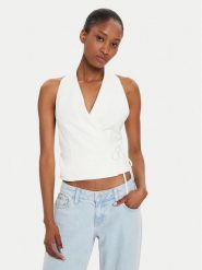 ViCOLO Bluzka TB1429 Biały Regular Fit. Białe bluzki ViCOLO, s, bez wzorów, z wiskozy, bez kołnierzyka, bez ramiączek. Za 179.99 zł.