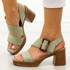 Zielone sandały damskie na słupku Potocki 54307. Zielone sandały POTOCKI, bez wzorów, z materiału, biznesowe, bez obcasa, na platformie, bez zapięcia. Za 169.00 zł.