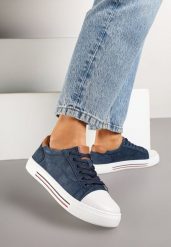 Granatowe Płaskie Trampki ze Skóry Naturalnej ze Skórzaną Wkładką i Ozdobnym Noskiem Milili. Niebieskie trampki Renee, bez wzorów, z jeansu, klasyczne, bez zapięcia. Za 79.99 zł.
