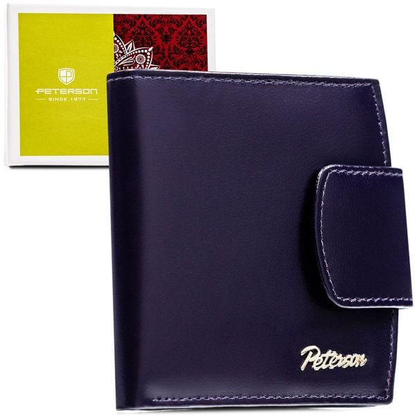 Skórzany, fioletowy portfel damski z systemem RFID, zamykany zatrzaskiem PTN RD-314-NGV-M Peterson. Fioletowe portfele Peterson, bez wzorów. Za 79.99 zł.