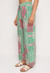 Zielono-Różowe Spodnie Palazzo z Wiskozy z Gumką w Talii Lirfea. Zielone jeansy Born2be, l, bez wzorów, z jeansu, boho. Za 49.99 zł.