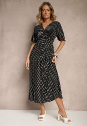 Czarna Sukienka z Bawełną i Kopertowym Dekoltem ze Wzorem w Kropki Ldivona. Czarne sukienki Renee, na co dzień, l, bez wzorów, z bawełny, eleganckie, bez kołnierzyka, bez ramiączek, maxi, kopertowe. W wyprzedaży za 55.99 zł.