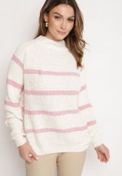 Beżowo-Różowy Sweter z Wiskozą w Paski Dintia. Czerwone swetry Born2be, uniwersalny, bez wzorów, z jeansu, eleganckie, bez ramiączek. W wyprzedaży za 59.49 zł.