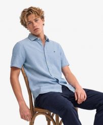 Superdry Riviera Koszula lniana krótki rękaw - Blue Chalk Stripe. Niebieskie koszule Superdry, s, bez wzorów, z włókna, klasyczne, bez kołnierzyka, bez ramiączek. Za 344.20 zł.