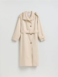 Trencz z bawełną - beżowy. Brązowe płaszcze Reserved, l, bez wzorów, z bawełny, klasyczne, bez kaptura. Za 329.99 zł.