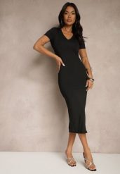 Czarna Sukienka Bodycon o Dopasowanym Kroju z Dekoltem w V Efrerina. Czarne sukienki Renee, na co dzień, l, bez wzorów, z jeansu, eleganckie, bez kołnierzyka, bez ramiączek, midi, bodycon. W wyprzedaży za 107.99 zł.